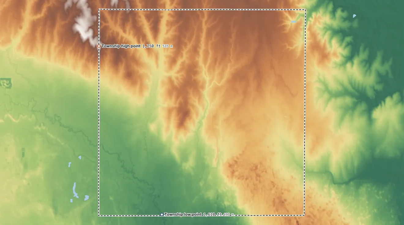 Topographic elevation map of Wilson Township, Rice County, Kansas, shaded from 1,610 ft on the south side to 1,750 ft on the northwest side