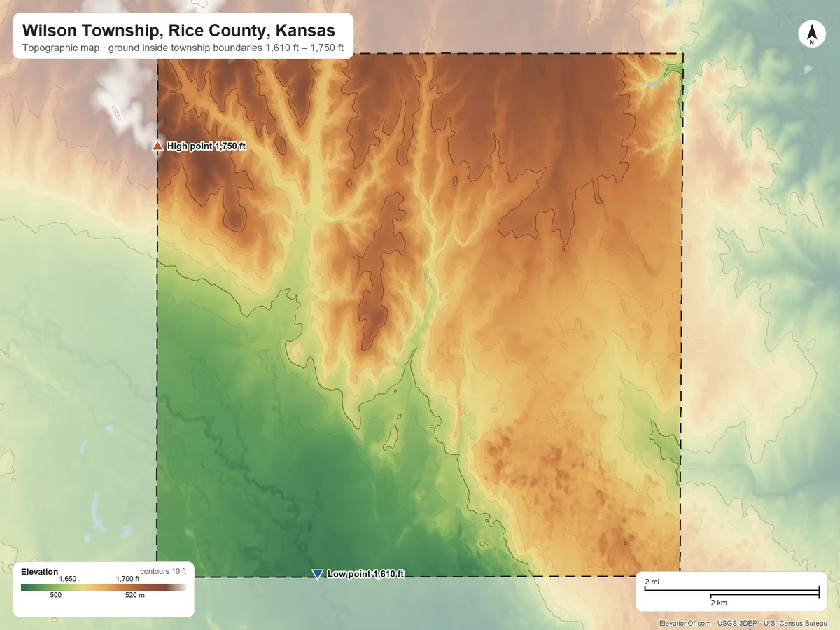 Topographic elevation map of Wilson Township, Rice County, Kansas, shaded from 1,610 ft on the south side to 1,750 ft on the northwest side