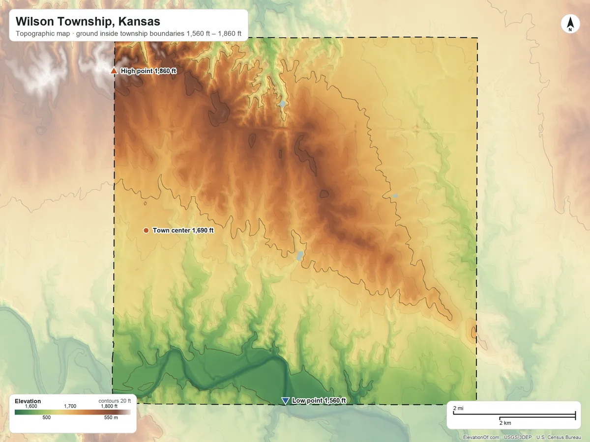 Topographic elevation map of Wilson Township, Kansas, shaded from 1,560 ft on the southeast side to 1,860 ft on the north side