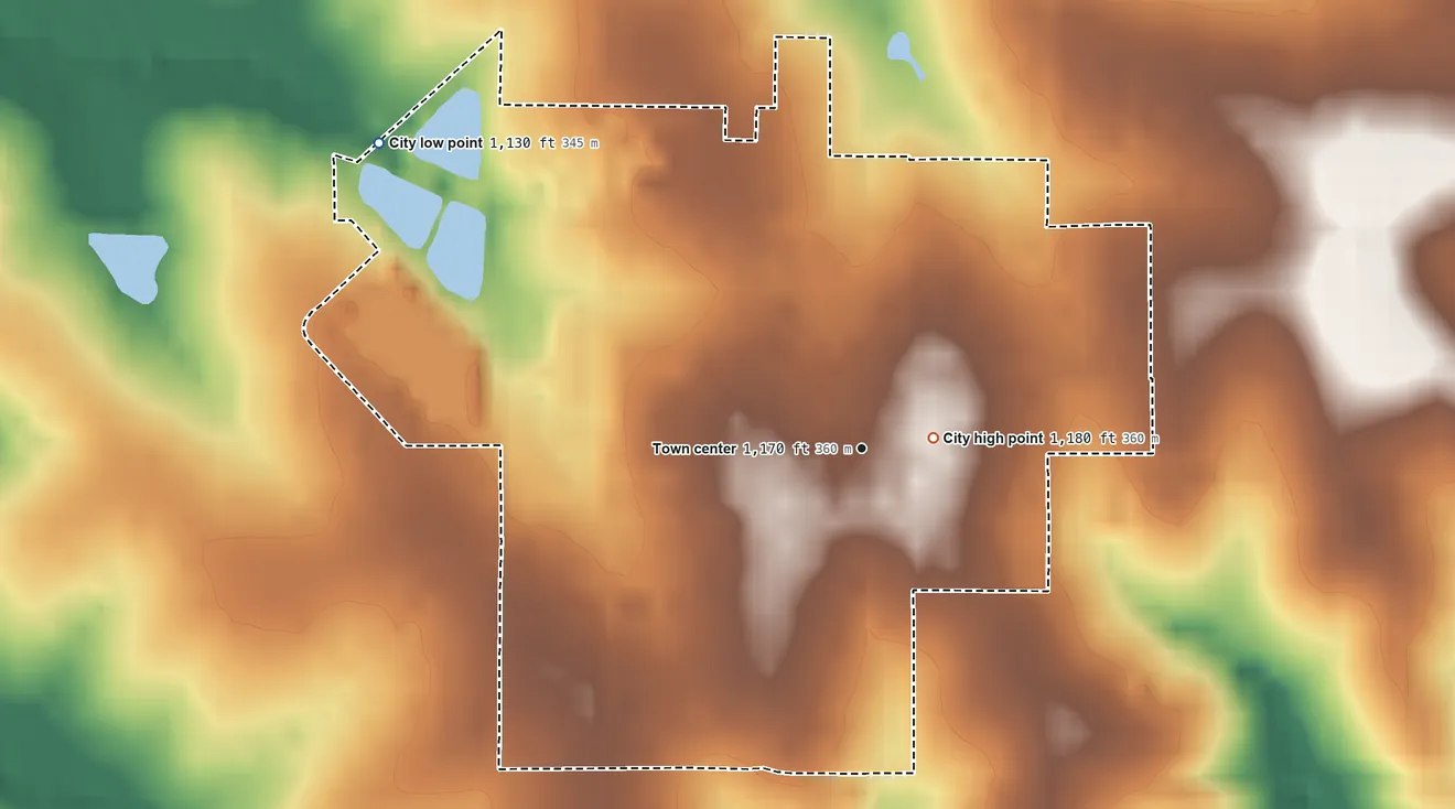 Topographic elevation map of Winchester, Kansas, shaded from 1,130 ft on the northwest side to 1,180 ft near the middle