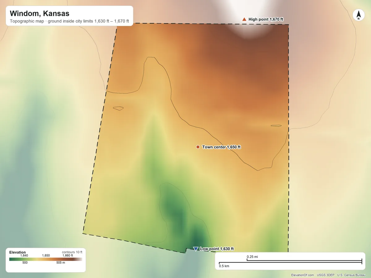 Topographic elevation map of Windom, Kansas, shaded from 1,630 ft on the south side to 1,670 ft on the north side