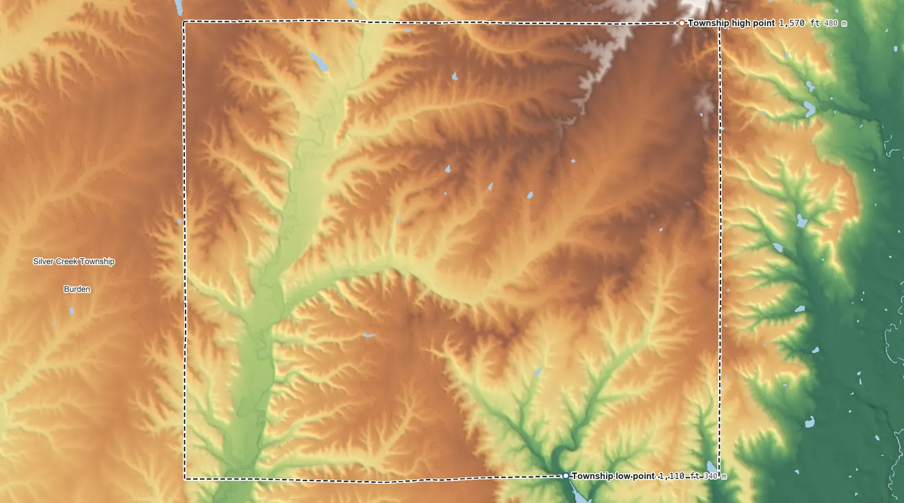 Topographic elevation map of Windsor Township, Kansas, shaded from 1,110 ft on the southeast side to 1,570 ft on the northeast side