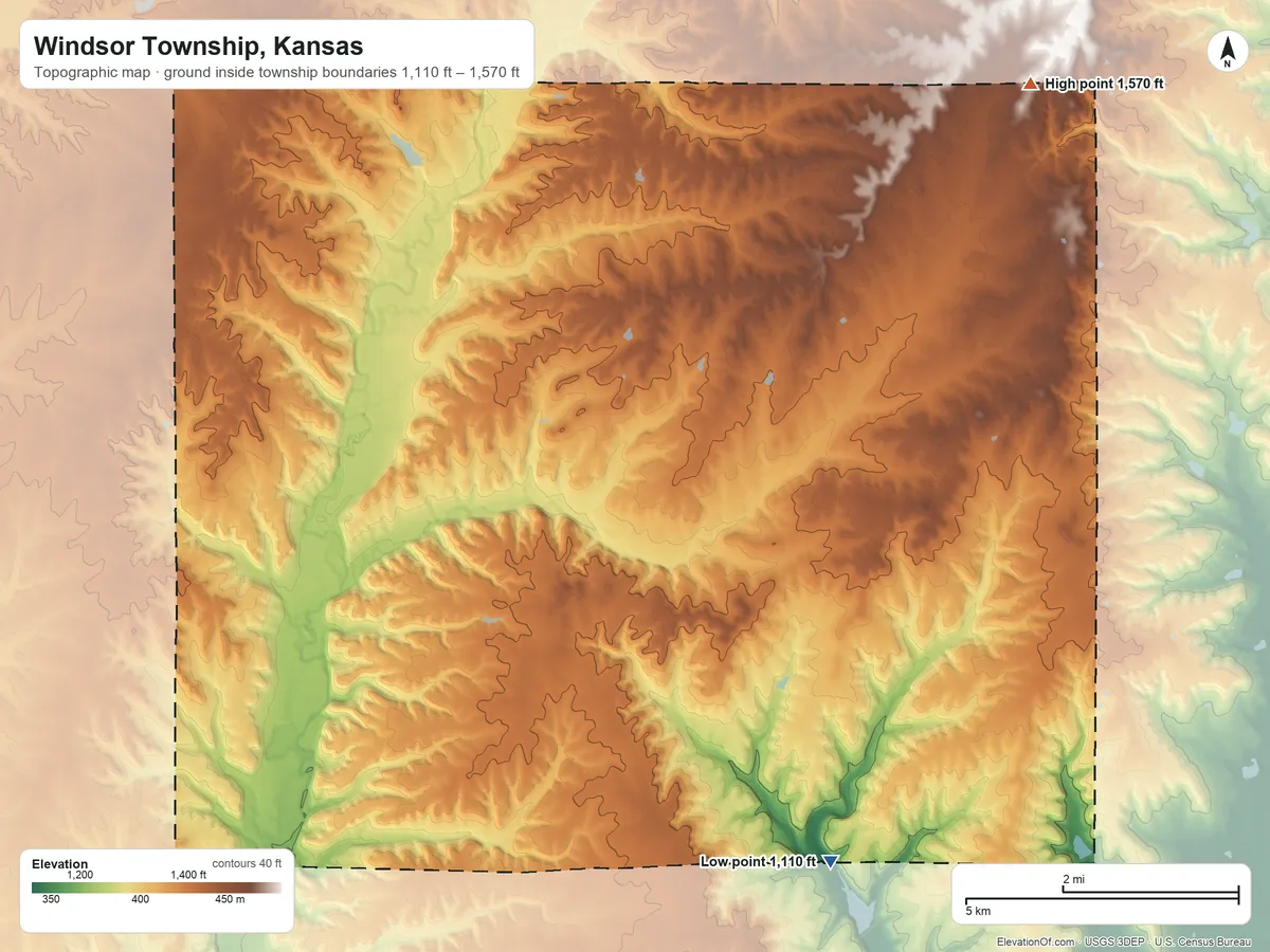 Topographic elevation map of Windsor Township, Kansas, shaded from 1,110 ft on the southeast side to 1,570 ft on the northeast side