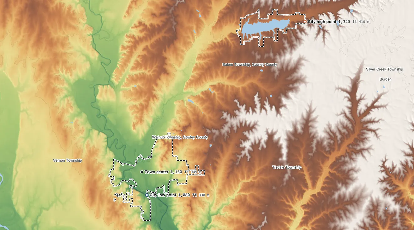 Topographic elevation map of Winfield, Kansas, shaded from 1,080 ft near the middle to 1,340 ft on the northeast side