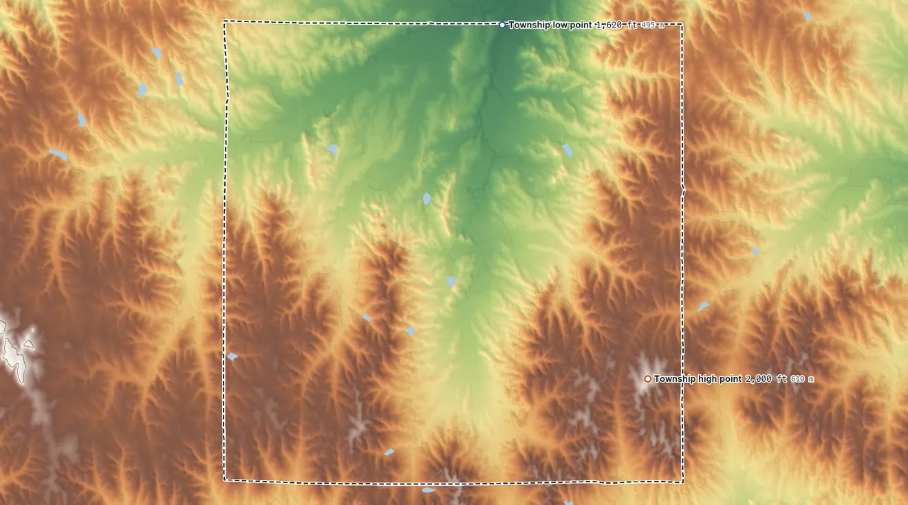 Topographic elevation map of Winfield Township, Kansas, shaded from 1,620 ft on the north side to 2,000 ft on the southeast side