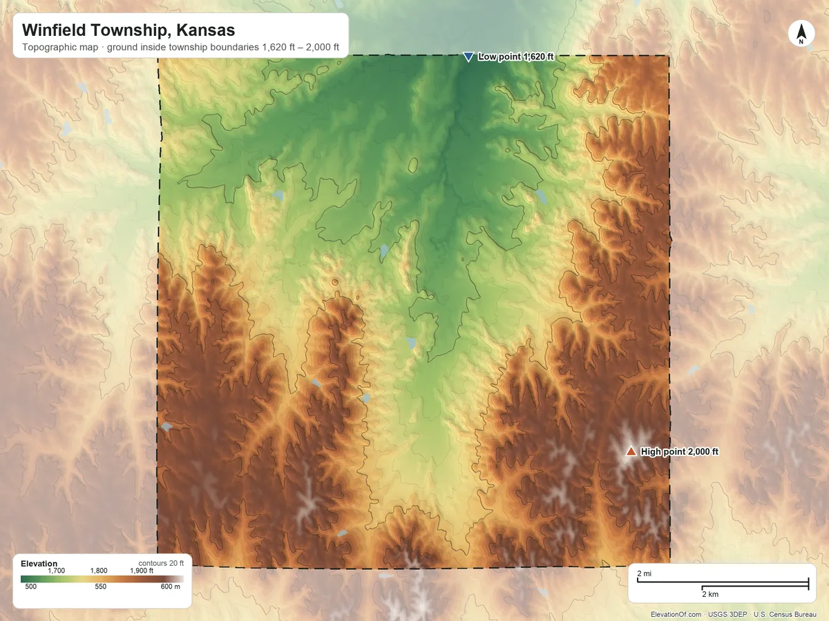 Topographic elevation map of Winfield Township, Kansas, shaded from 1,620 ft on the north side to 2,000 ft on the southeast side