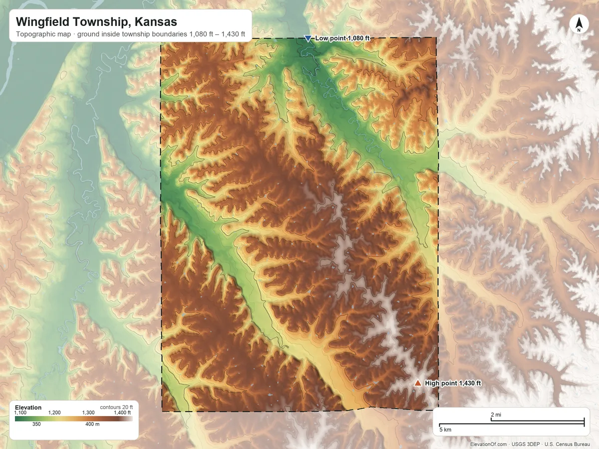 Topographic elevation map of Wingfield Township, Kansas, shaded from 1,080 ft on the north side to 1,430 ft on the southeast side