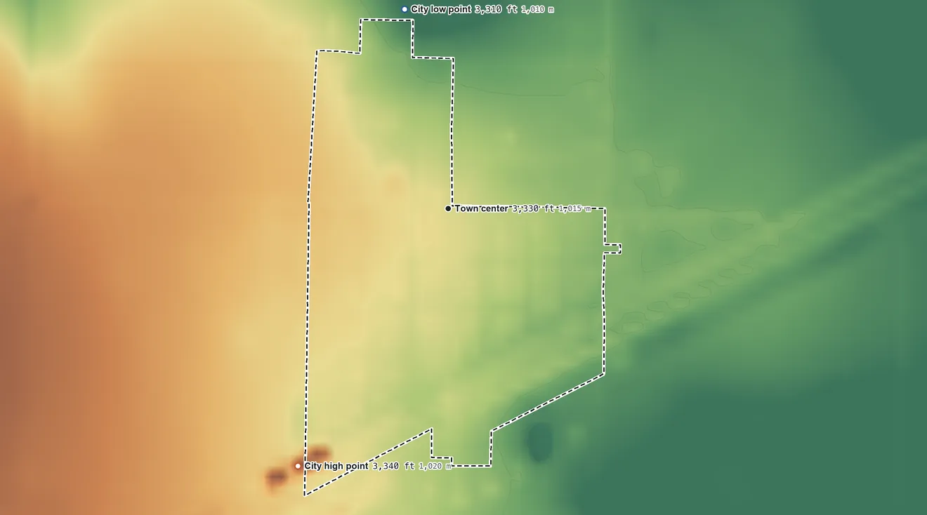 Topographic elevation map of Winona, Kansas, shaded from 3,310 ft on the north side to 3,340 ft on the southwest side