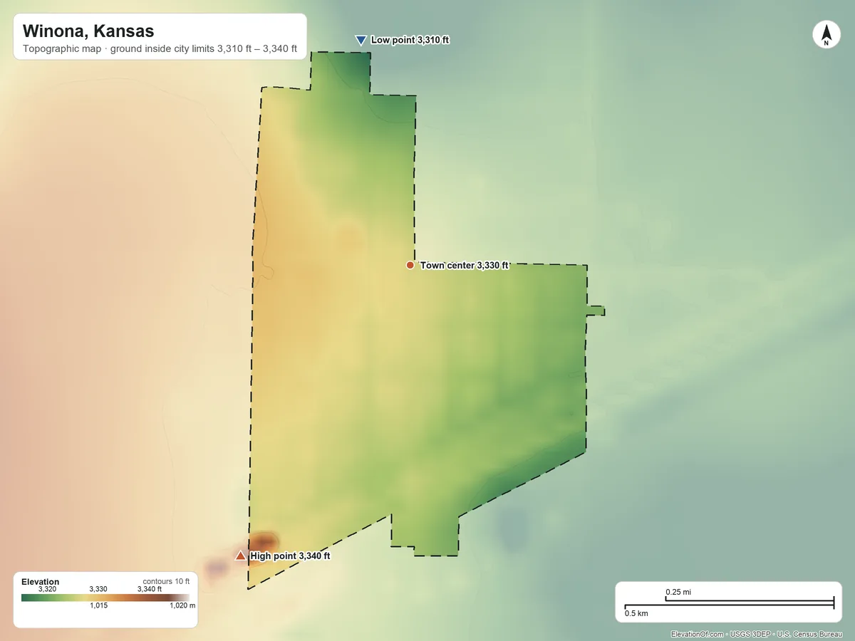 Topographic elevation map of Winona, Kansas, shaded from 3,310 ft on the north side to 3,340 ft on the southwest side