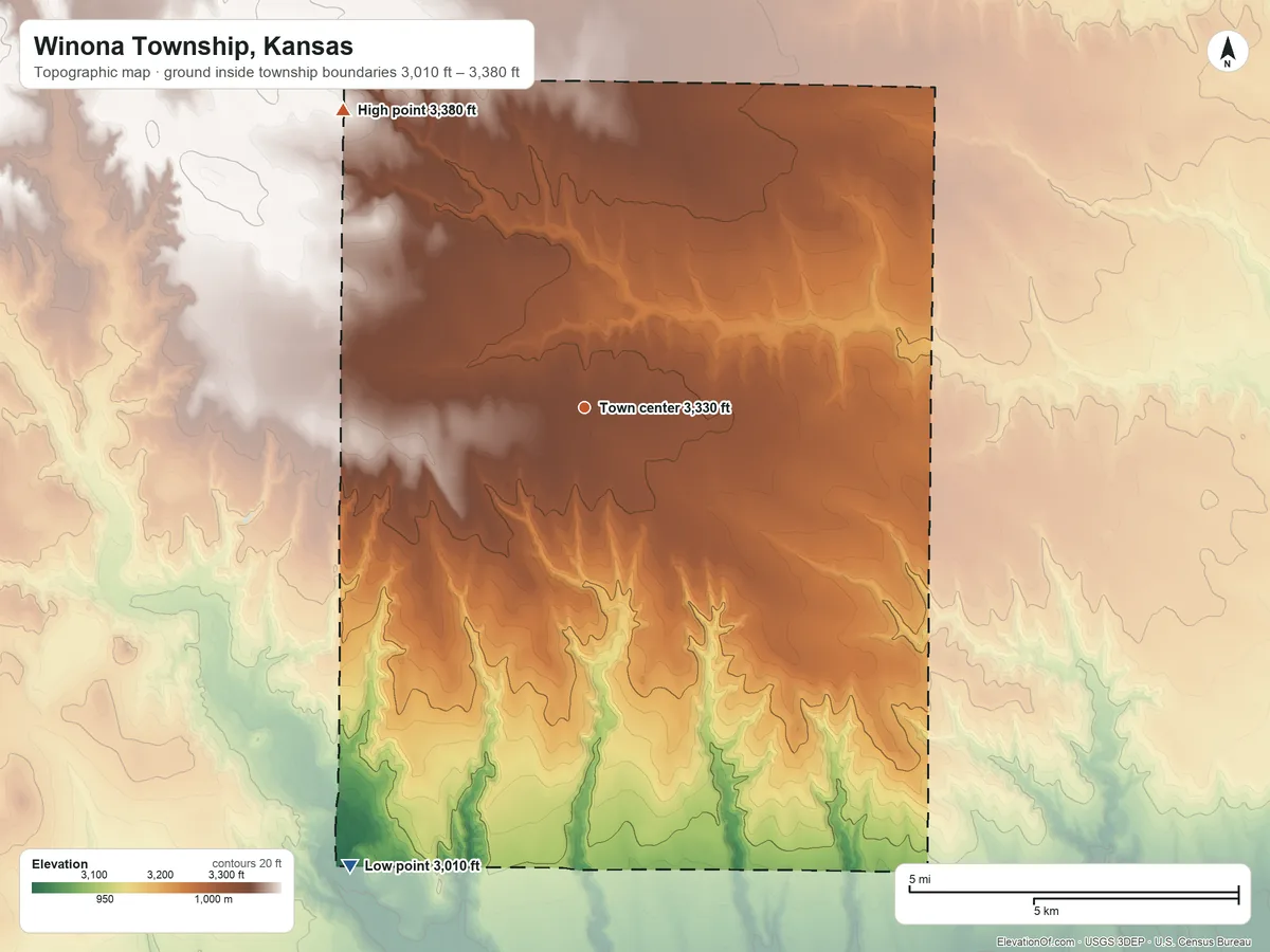 Topographic elevation map of Winona Township, Kansas, shaded from 3,010 ft on the southwest side to 3,380 ft on the northwest side