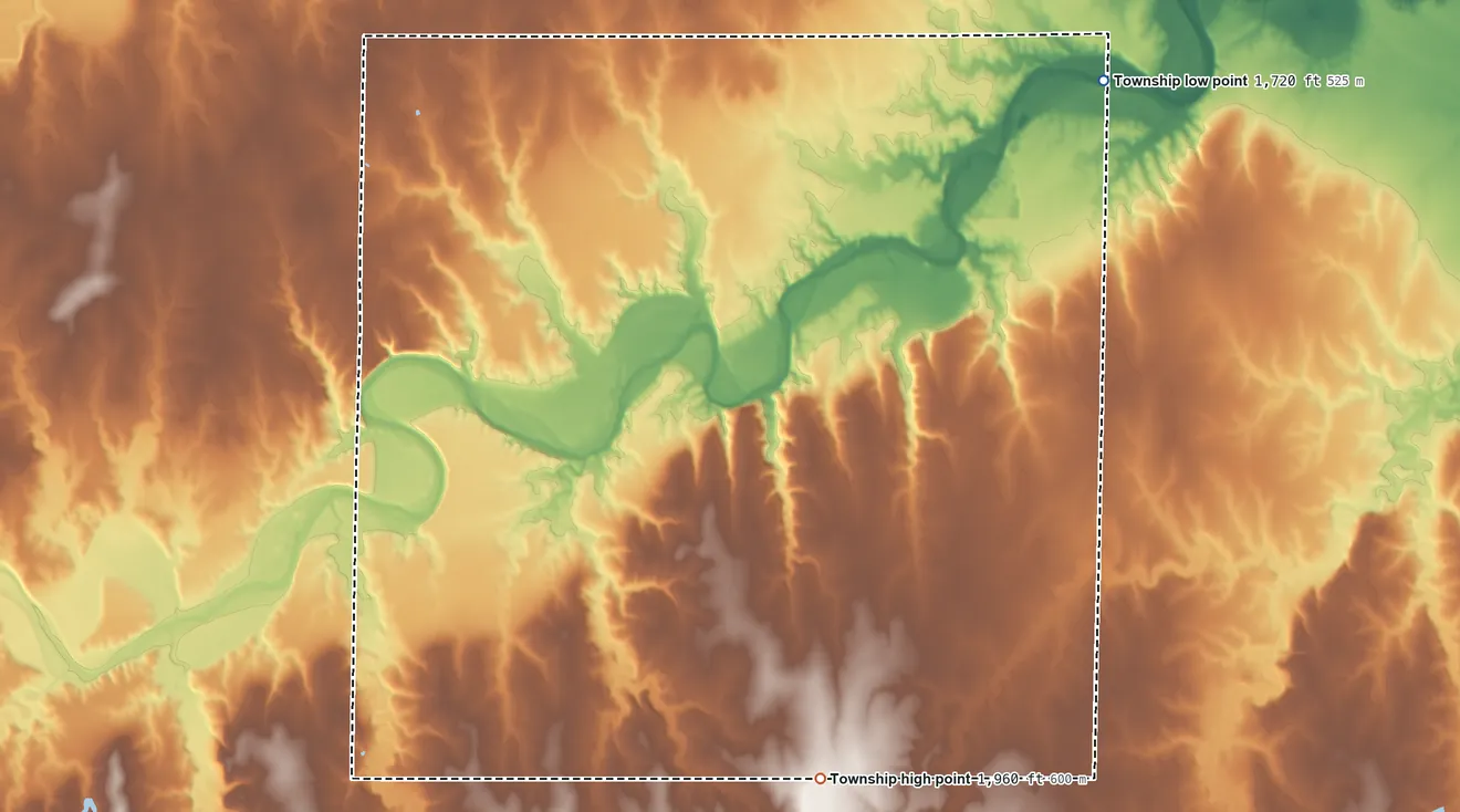 Topographic elevation map of Winterset Township, Kansas, shaded from 1,720 ft on the northeast side to 1,960 ft on the south side