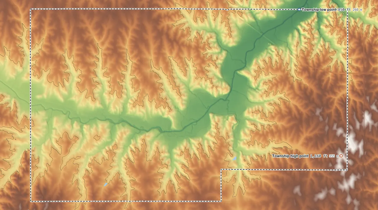 Topographic elevation map of Wolf River Township, Kansas, shaded from 850 ft on the northeast side to 1,160 ft on the east side