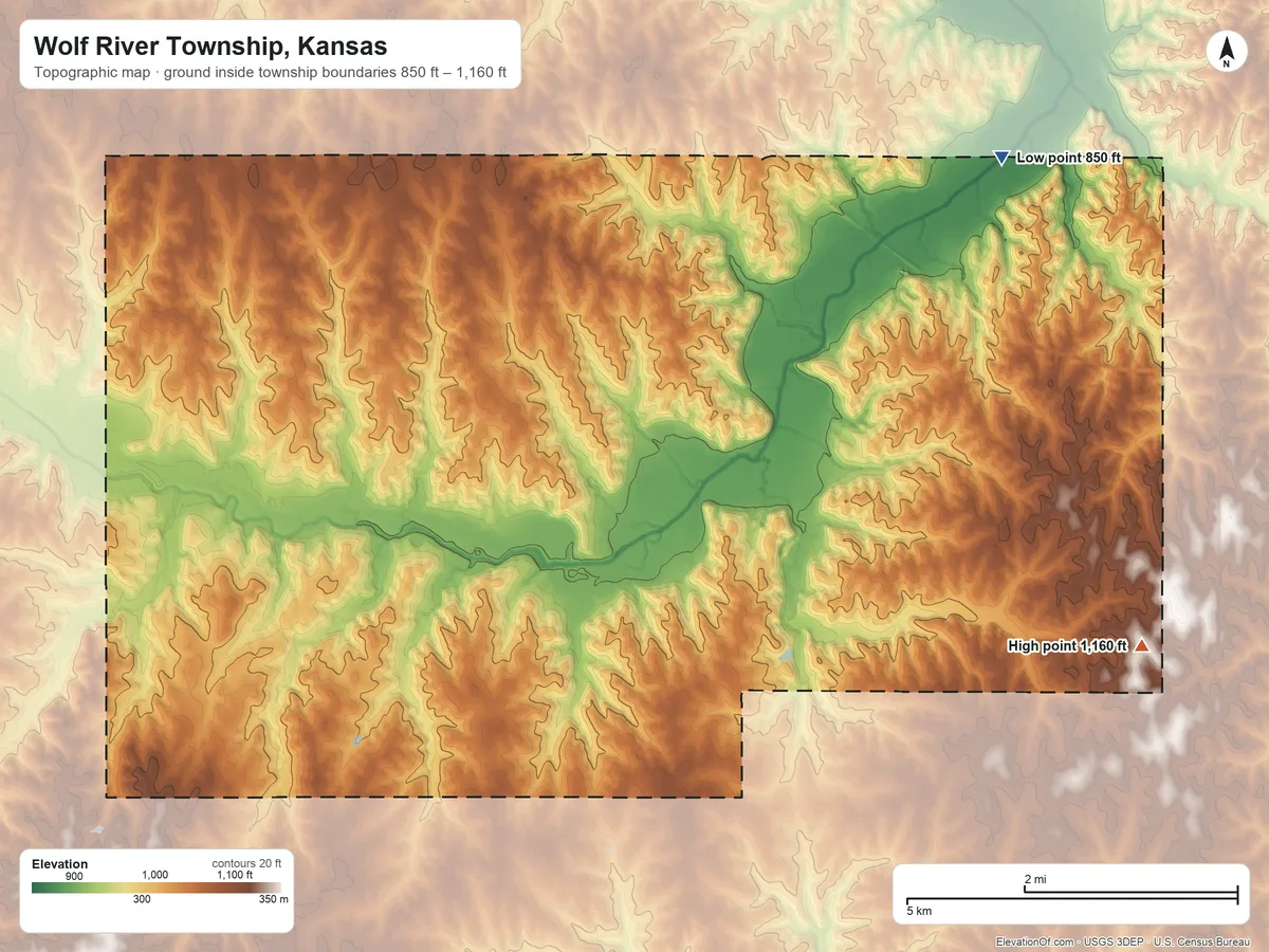 Topographic elevation map of Wolf River Township, Kansas, shaded from 850 ft on the northeast side to 1,160 ft on the east side
