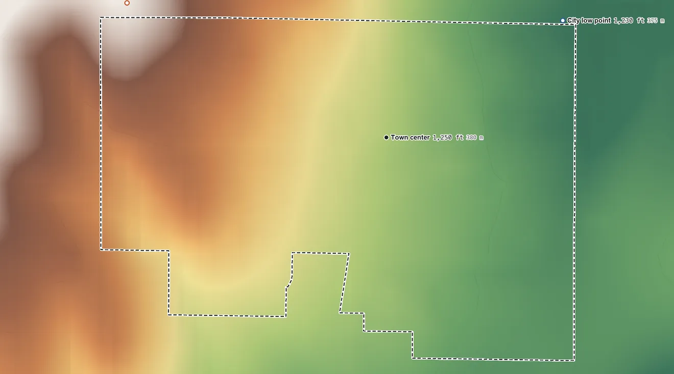 Topographic elevation map of Woodbine, Kansas, shaded from 1,230 ft on the northeast side to 1,300 ft on the northwest side