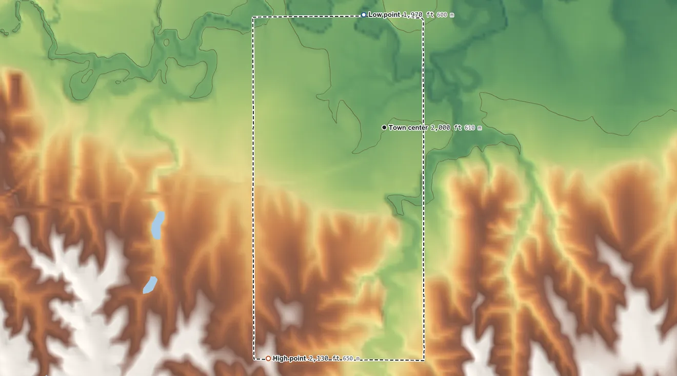 Topographic elevation map of Woodruff, Kansas, shaded from 1,970 ft on the north side to 2,130 ft on the southwest side