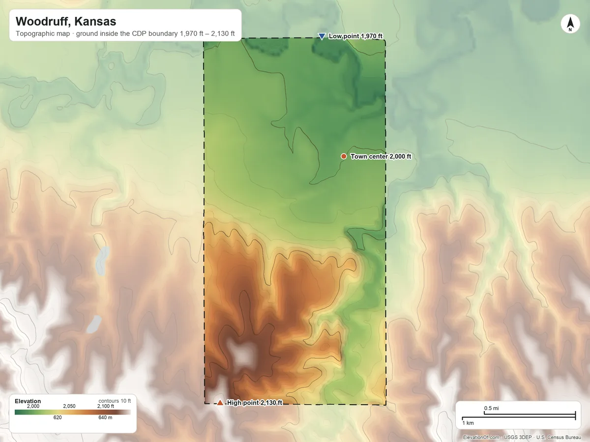 Topographic elevation map of Woodruff, Kansas, shaded from 1,970 ft on the north side to 2,130 ft on the southwest side