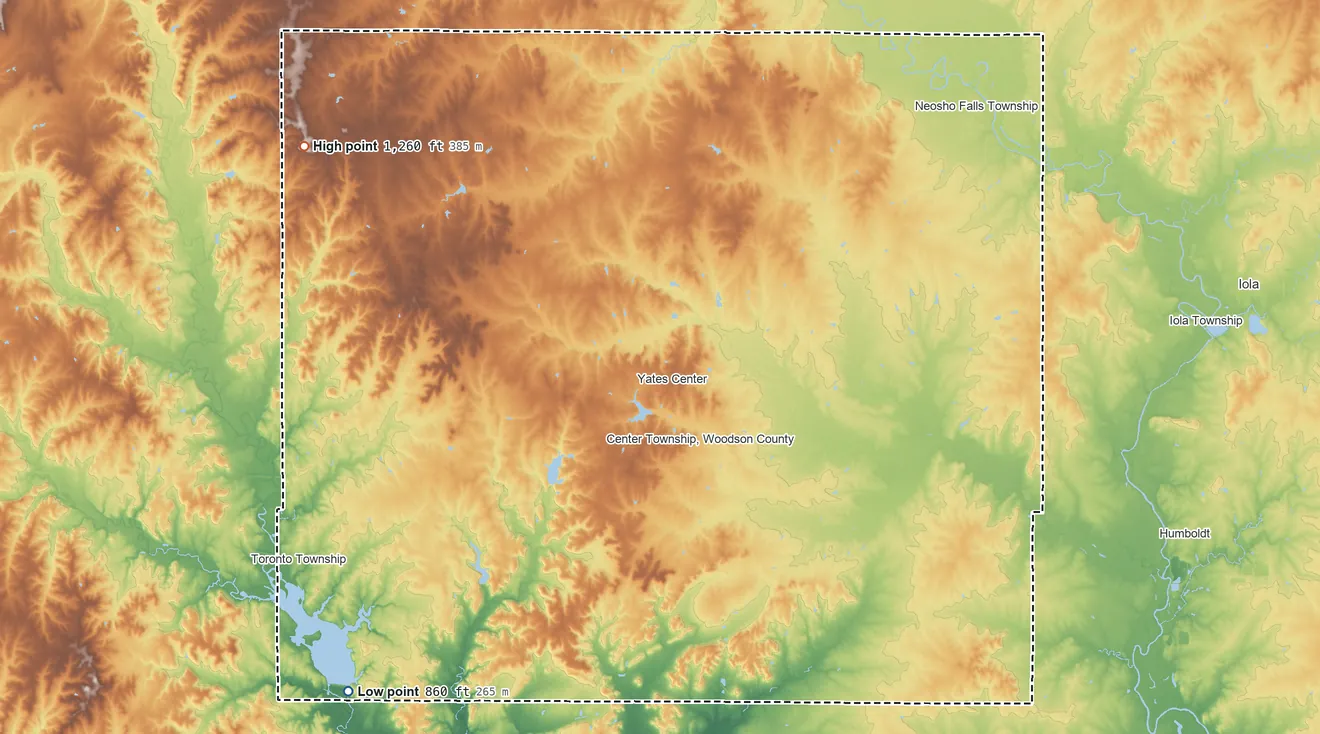 Topographic elevation map of Woodson County, Kansas, shaded from 860 ft on the southwest side to 1,260 ft on the northwest side
