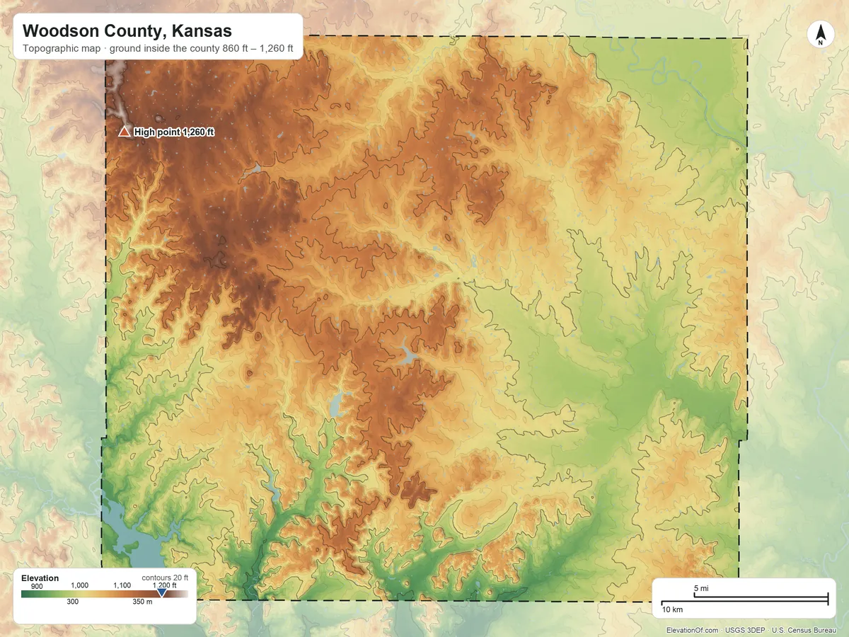 Topographic elevation map of Woodson County, Kansas, shaded from 860 ft on the southwest side to 1,260 ft on the northwest side