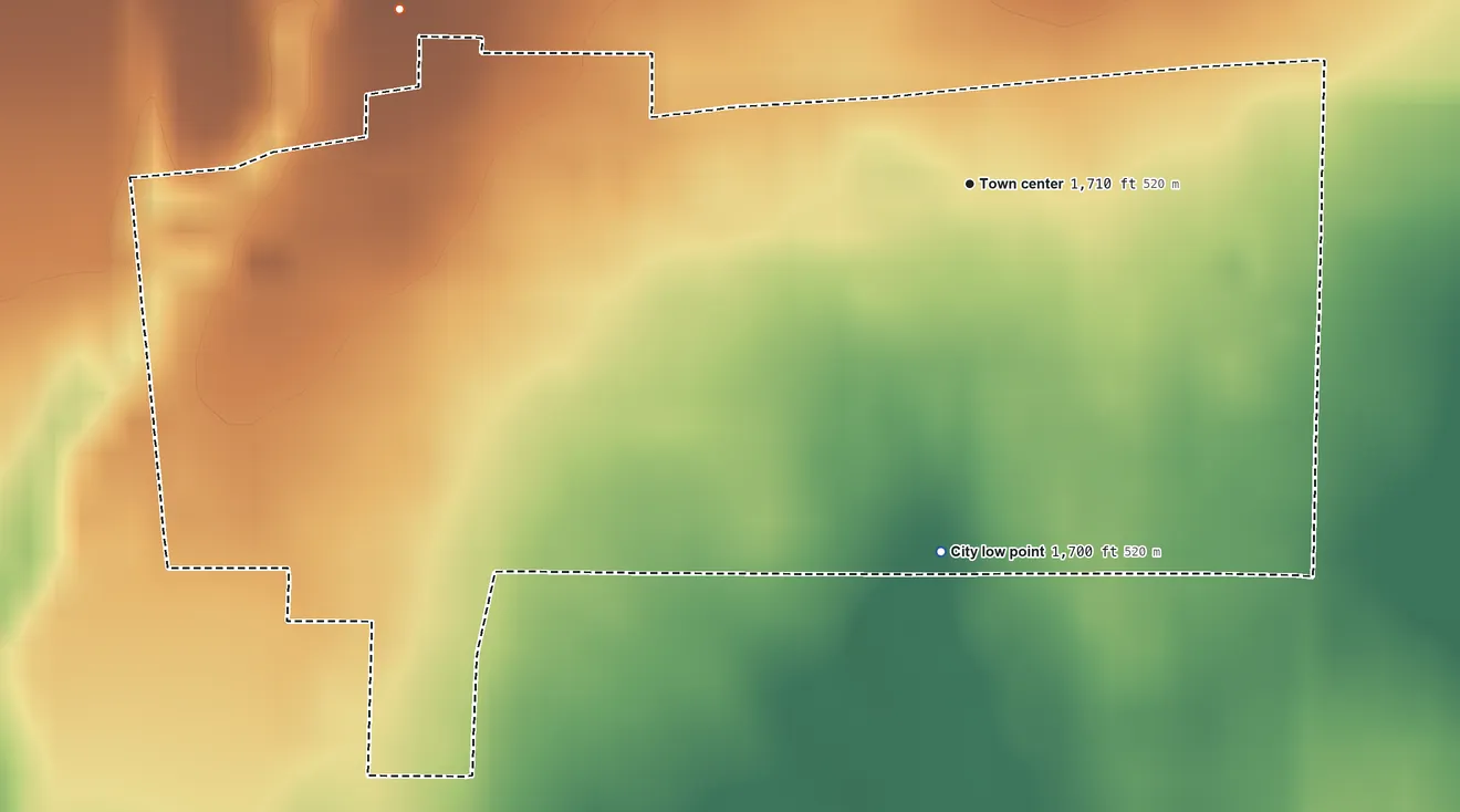 Topographic elevation map of Woodston, Kansas, shaded from 1,700 ft on the south side to 1,730 ft on the west side