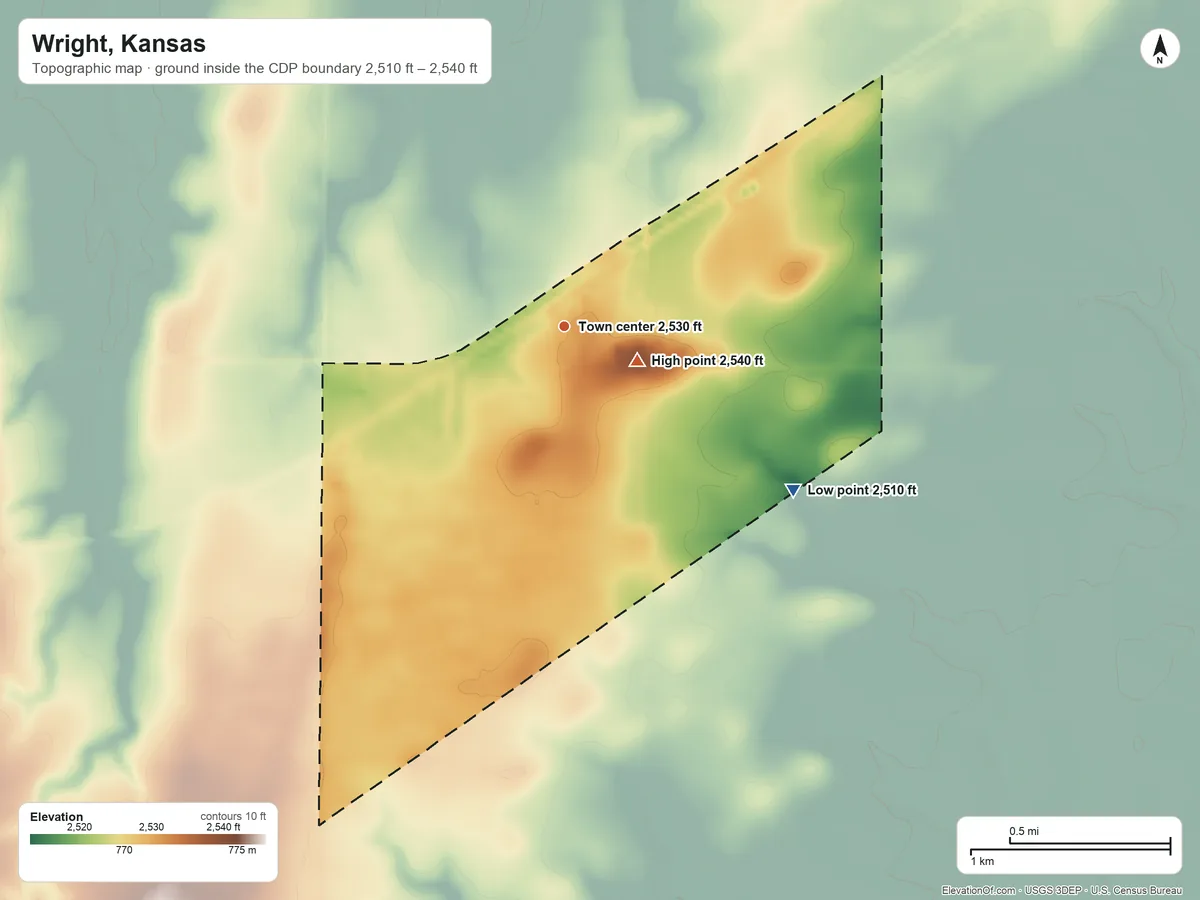 Topographic elevation map of Wright, Kansas, shaded from 2,510 ft on the southeast side to 2,540 ft near the middle