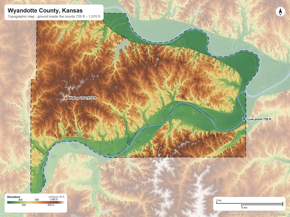 Topographic elevation map of Wyandotte County, Kansas, shaded from 720 ft on the east side to 1,070 ft on the west side