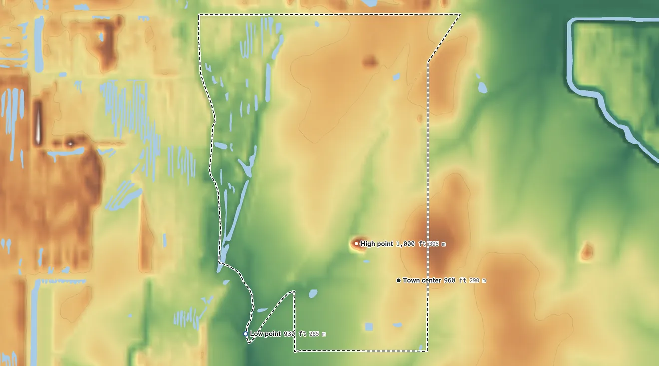 Topographic elevation map of Yale, Kansas, shaded from 930 ft on the west side to 1,000 ft on the northwest side