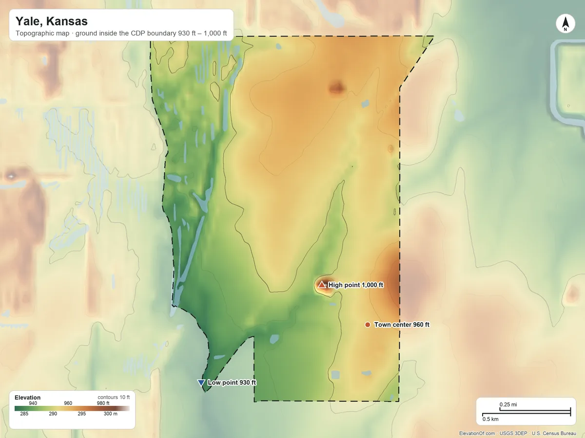 Topographic elevation map of Yale, Kansas, shaded from 930 ft on the west side to 1,000 ft on the northwest side