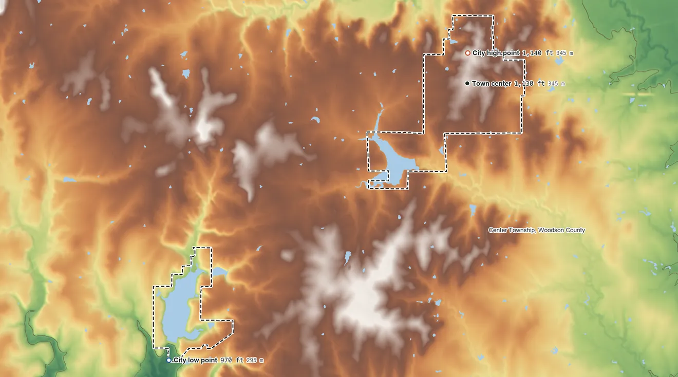 Topographic elevation map of Yates Center, Kansas, shaded from 970 ft on the southwest side to 1,140 ft near the middle