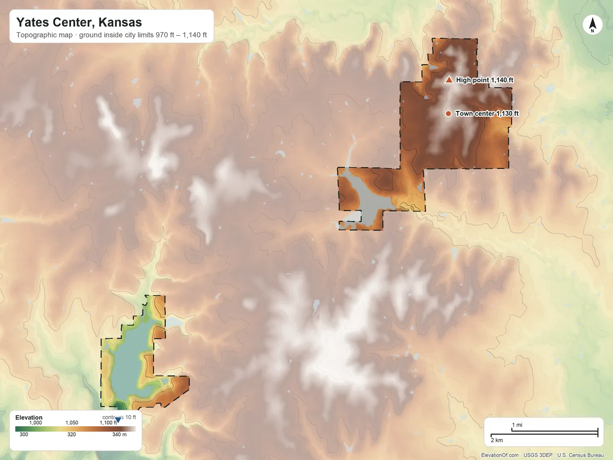 Topographic elevation map of Yates Center, Kansas, shaded from 970 ft on the southwest side to 1,140 ft near the middle