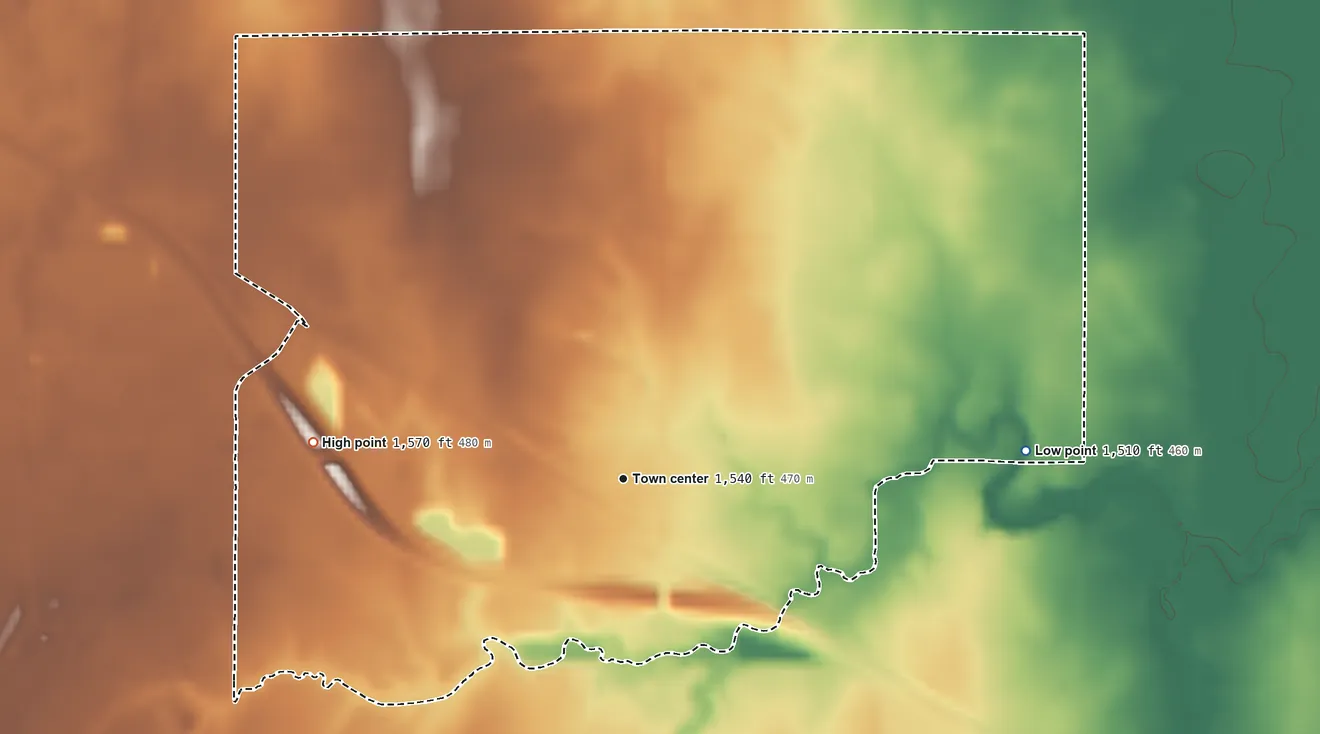 Topographic elevation map of Yoder, Kansas, shaded from 1,510 ft on the east side to 1,570 ft on the west side