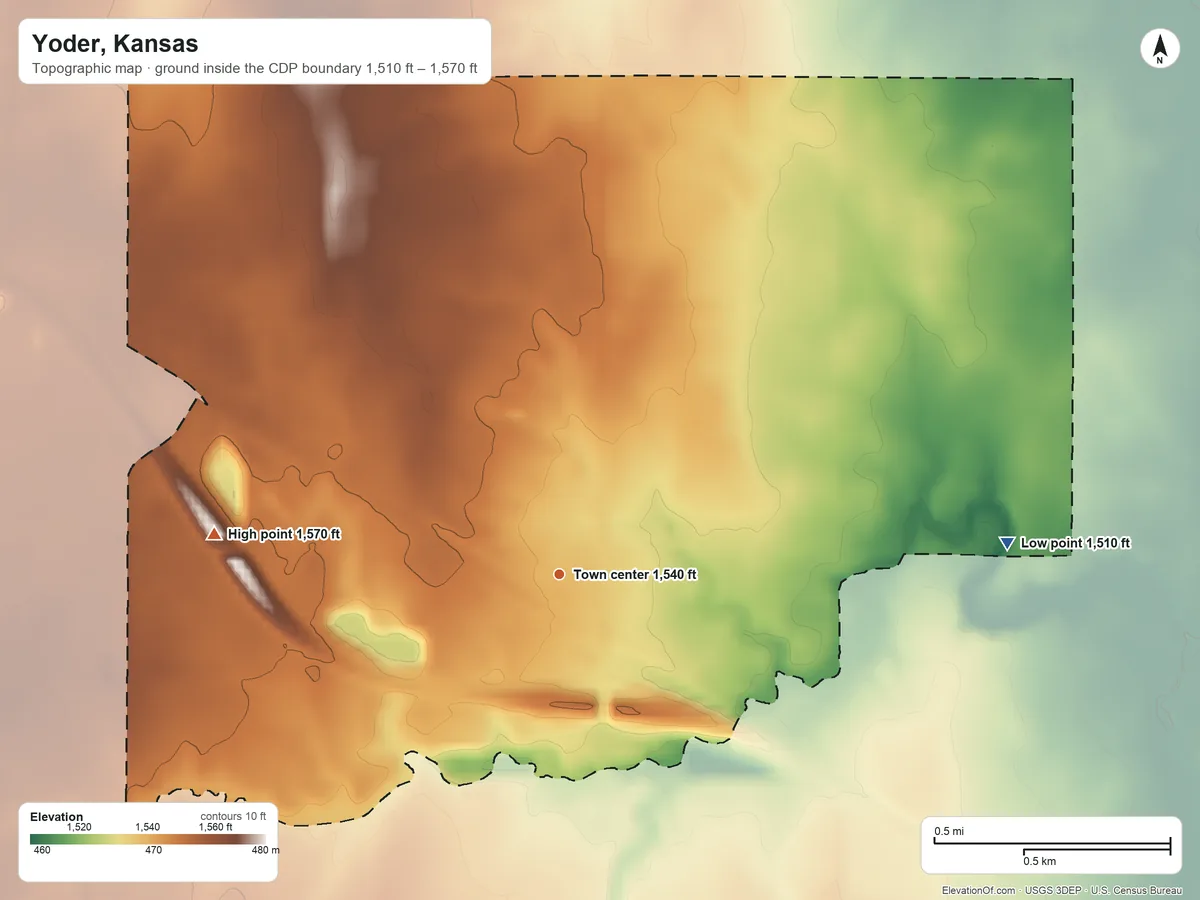 Topographic elevation map of Yoder, Kansas, shaded from 1,510 ft on the east side to 1,570 ft on the west side