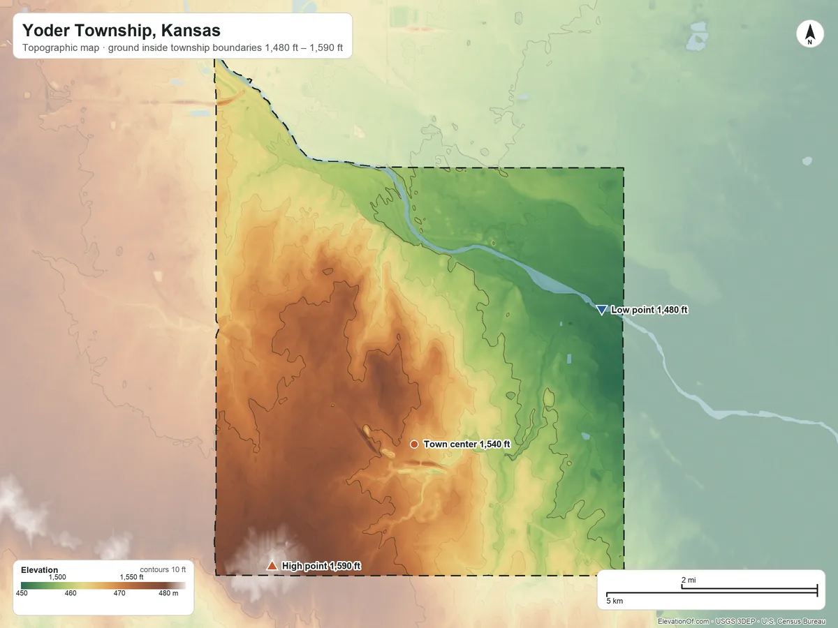 Topographic elevation map of Yoder Township, Kansas, shaded from 1,480 ft on the northeast side to 1,590 ft on the southwest side