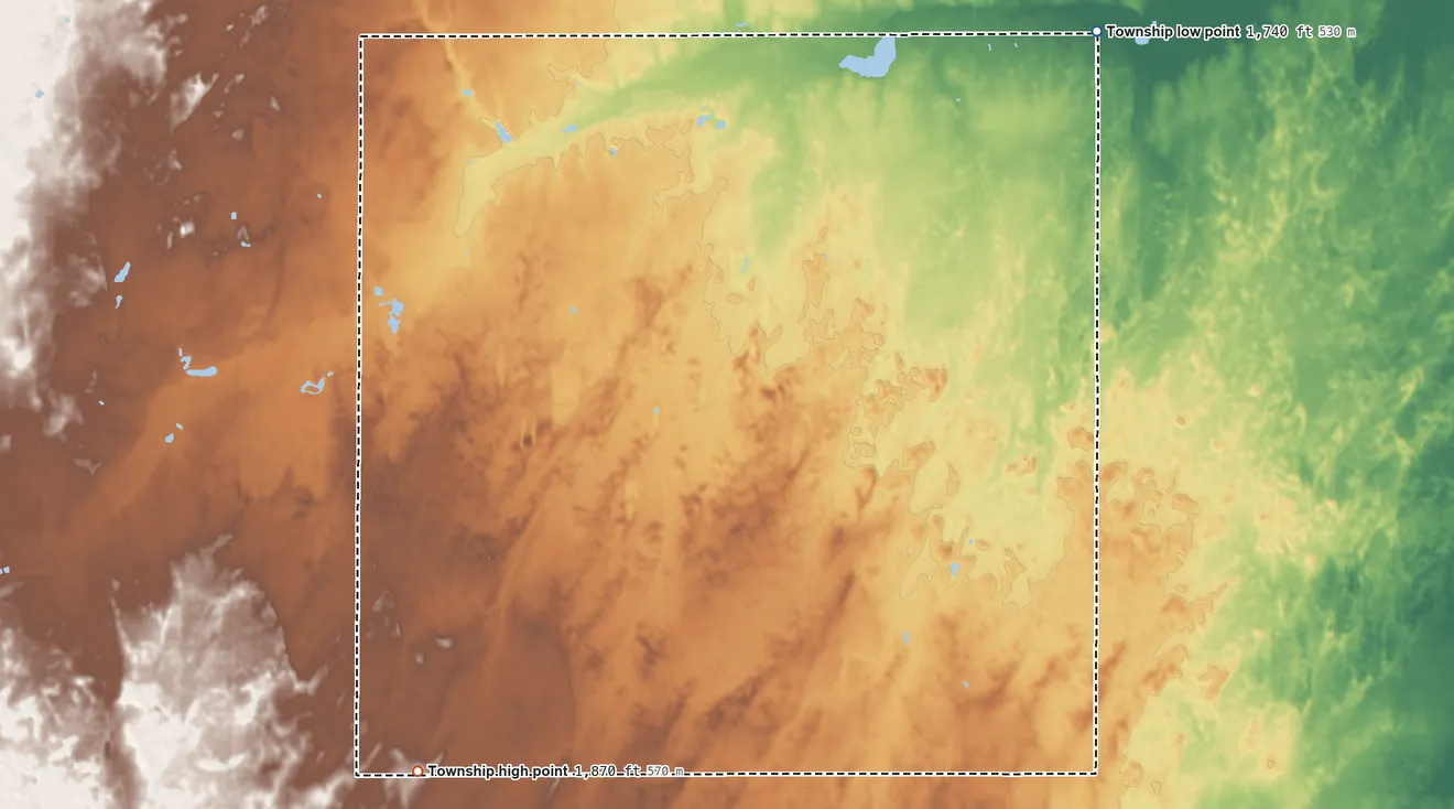 Topographic elevation map of York Township, Kansas, shaded from 1,740 ft on the northeast side to 1,870 ft on the southwest side