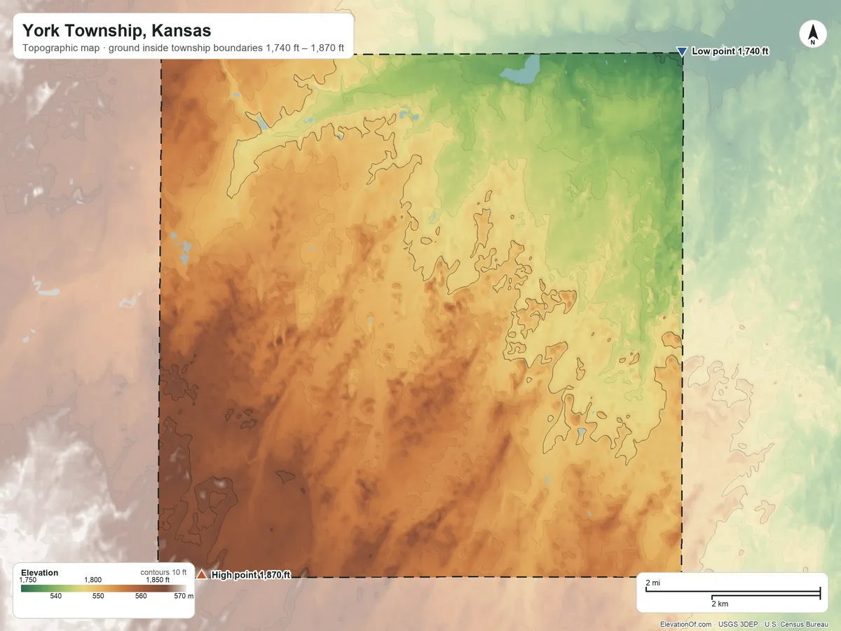 Topographic elevation map of York Township, Kansas, shaded from 1,740 ft on the northeast side to 1,870 ft on the southwest side