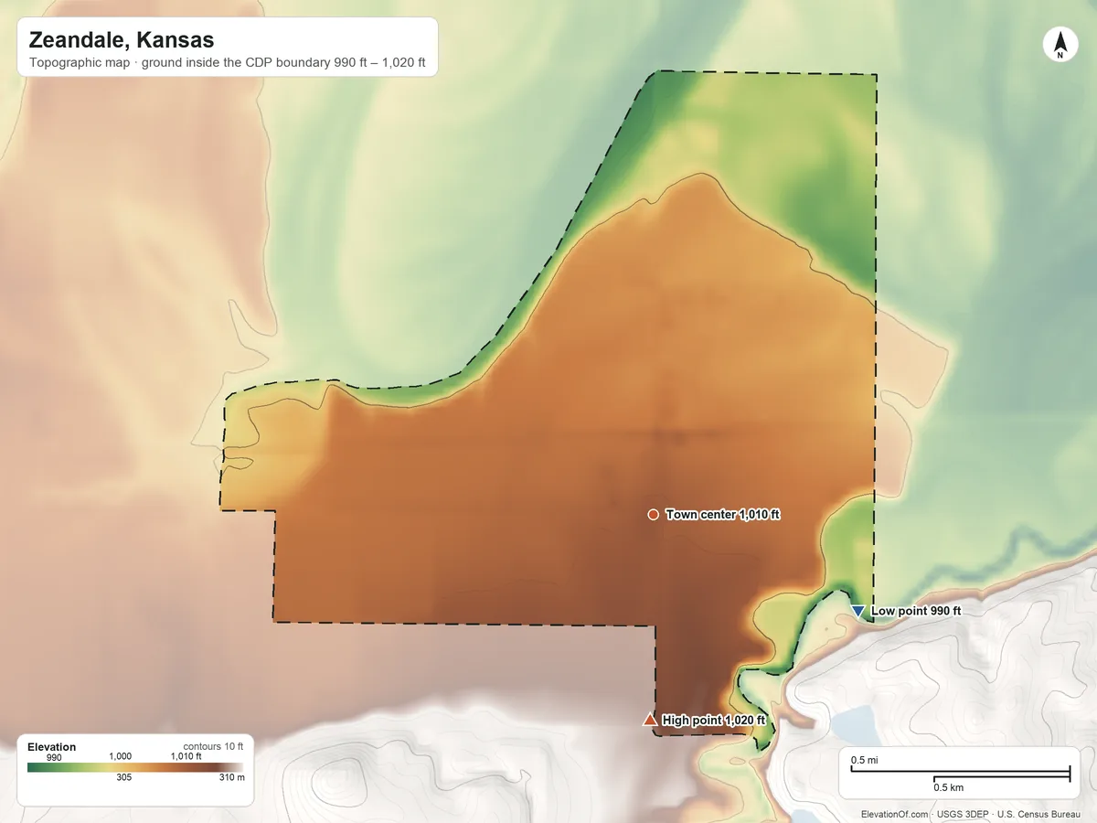 Topographic elevation map of Zeandale, Kansas, shaded from 990 ft on the southeast side to 1,020 ft on the south side