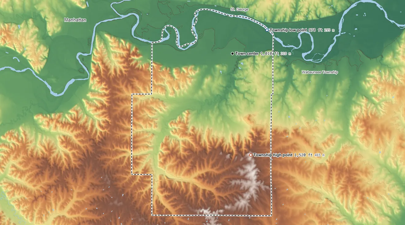Topographic elevation map of Zeandale Township, Kansas, shaded from 970 ft on the northeast side to 1,520 ft on the south side