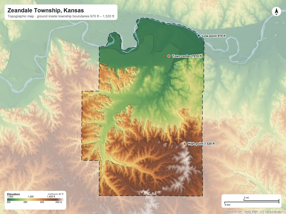 Topographic elevation map of Zeandale Township, Kansas, shaded from 970 ft on the northeast side to 1,520 ft on the south side