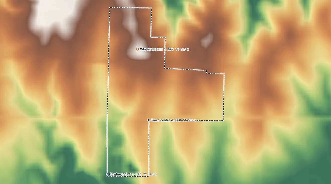Topographic elevation map of Zenda, Kansas, shaded from 1,640 ft on the southwest side to 1,690 ft on the north side