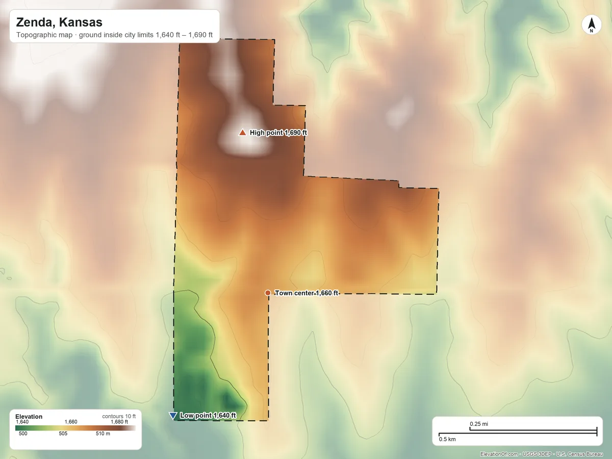 Topographic elevation map of Zenda, Kansas, shaded from 1,640 ft on the southwest side to 1,690 ft on the north side