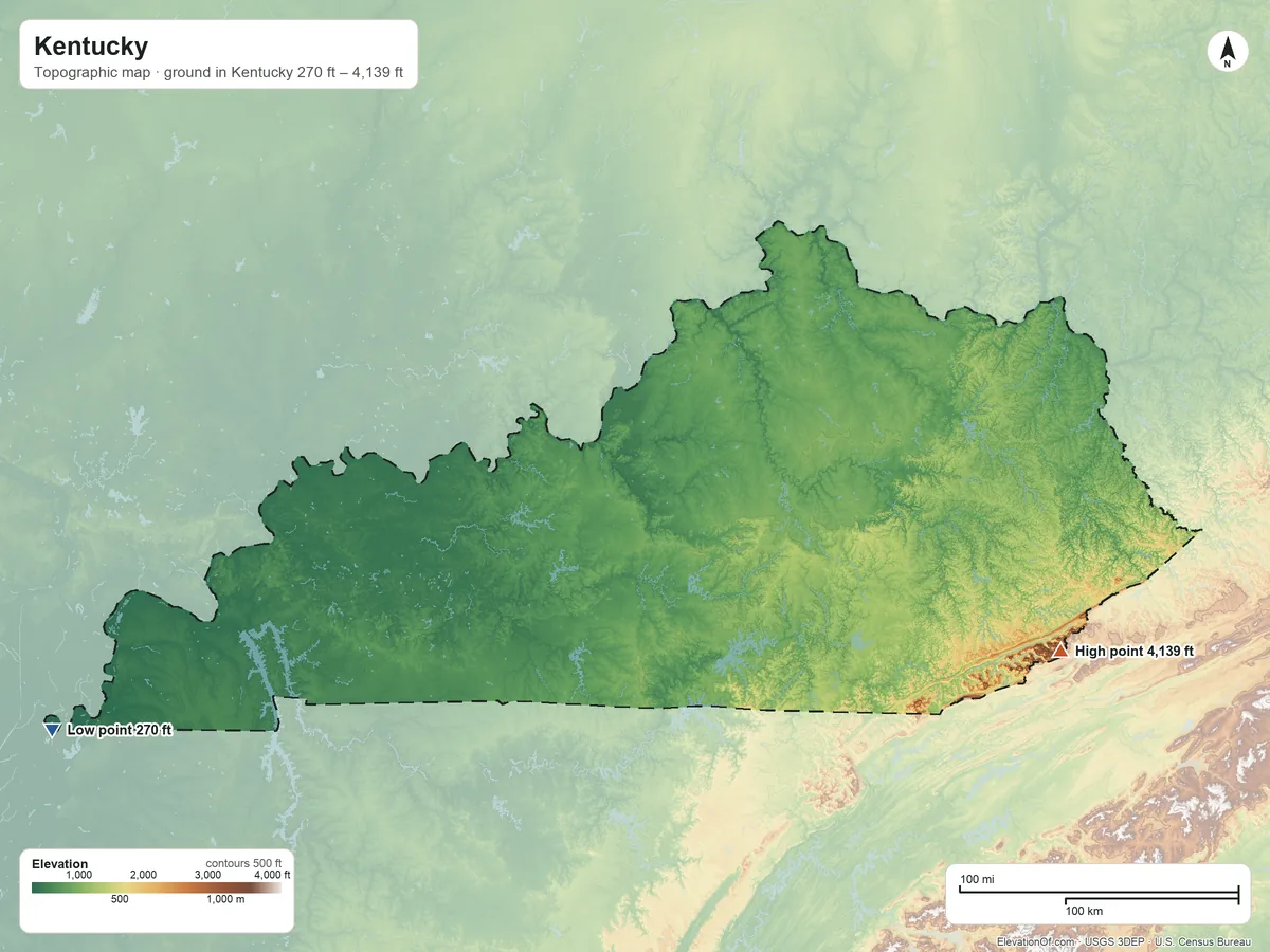 Topographic elevation map of Kentucky, shaded from 270 ft on the west side to 4,139 ft on Black Mountain