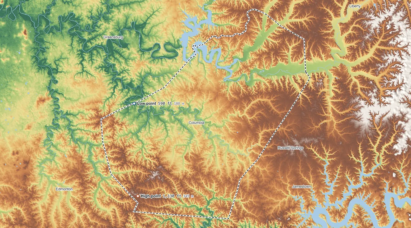 Topographic elevation map of Adair County, Kentucky, shaded from 590 ft on the west side to 1,130 ft on the southwest side