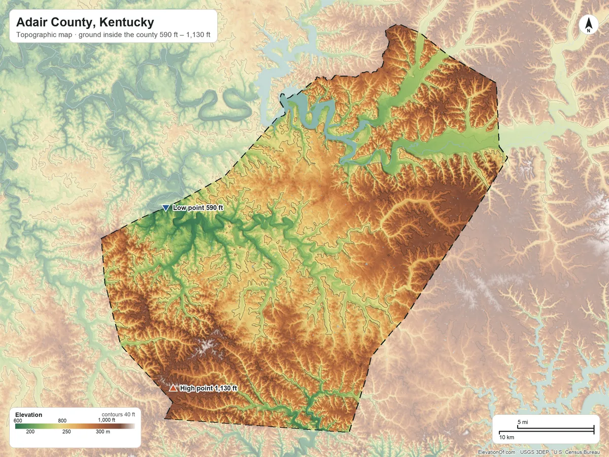 Topographic elevation map of Adair County, Kentucky, shaded from 590 ft on the west side to 1,130 ft on the southwest side