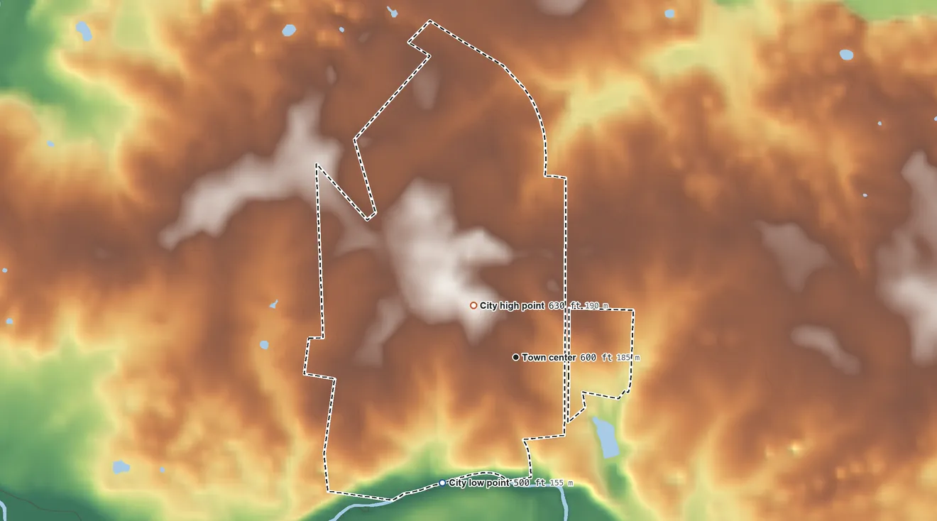 Topographic elevation map of Adairville, Kentucky, shaded from 500 ft on the southwest side to 630 ft on the northwest side