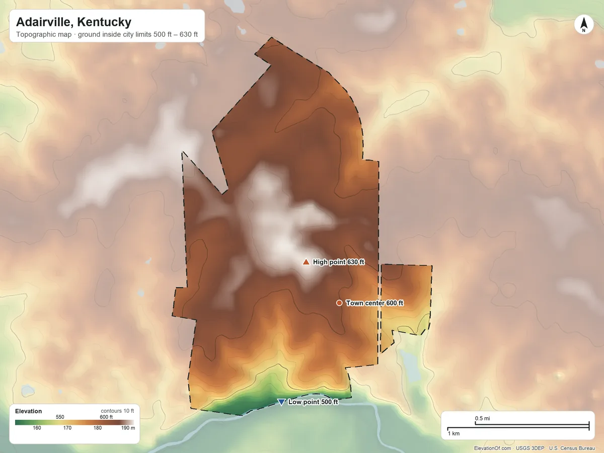 Topographic elevation map of Adairville, Kentucky, shaded from 500 ft on the southwest side to 630 ft on the northwest side
