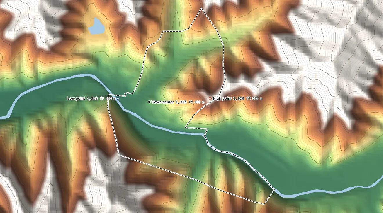 Topographic elevation map of Ages, Kentucky, shaded from 1,230 ft on the west side to 1,920 ft at the foot of the Pine Mountain