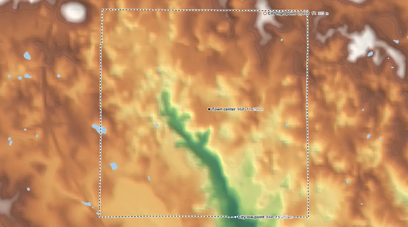 Topographic elevation map of Albany, Kentucky, shaded from 840 ft on the south side to 1,040 ft on the northeast edge, below higher ground just outside