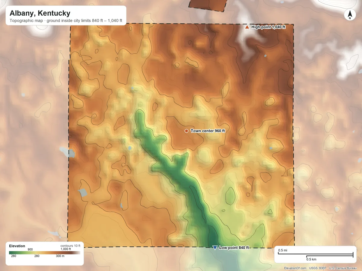 Topographic elevation map of Albany, Kentucky, shaded from 840 ft on the south side to 1,040 ft on the northeast edge, below higher ground just outside