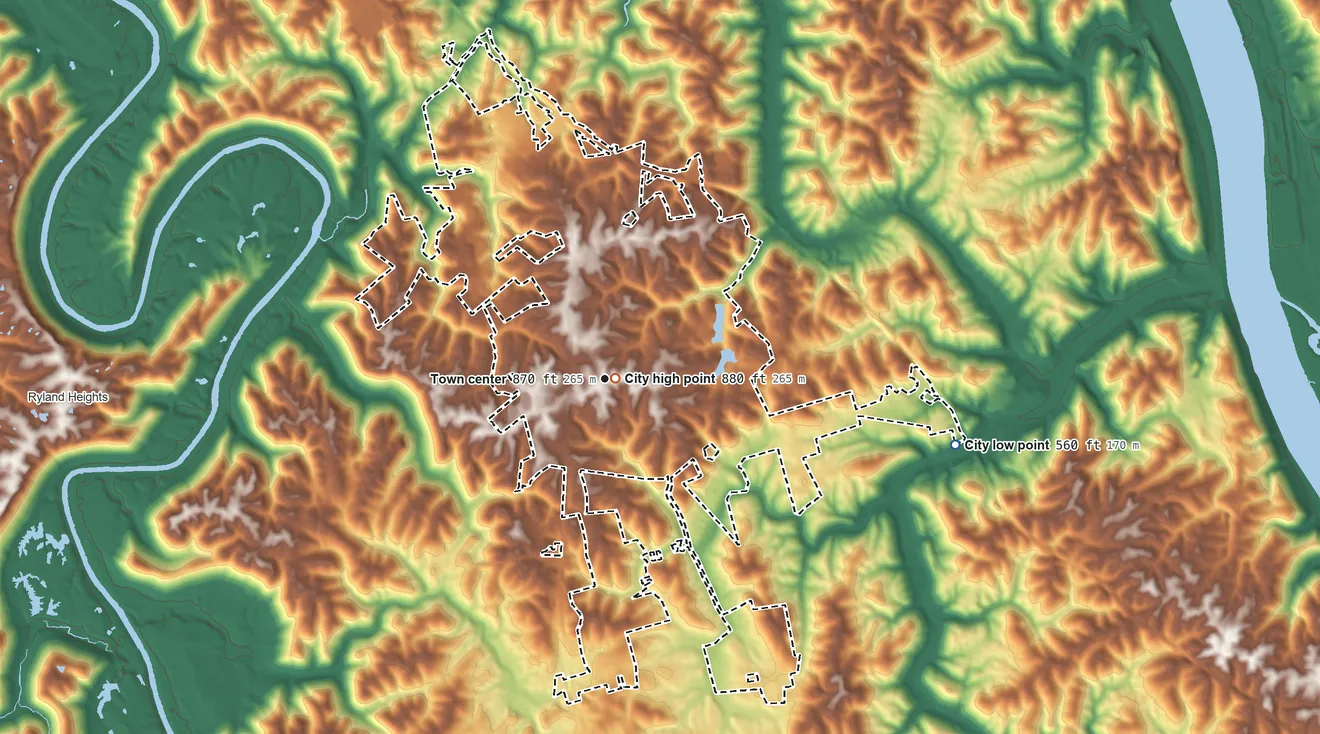 Topographic elevation map of Alexandria, Kentucky, shaded from 560 ft on the east side to 880 ft near the middle