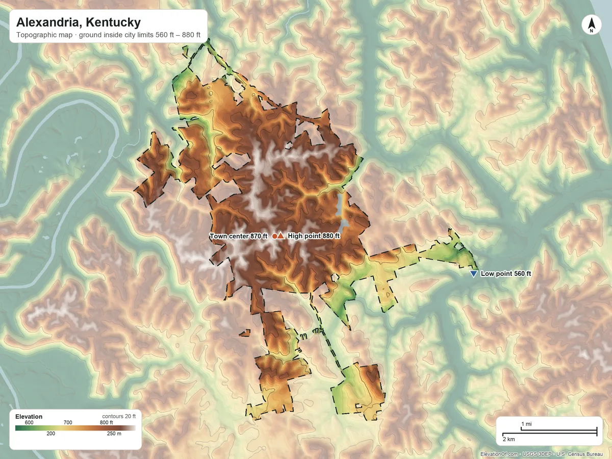 Topographic elevation map of Alexandria, Kentucky, shaded from 560 ft on the east side to 880 ft near the middle