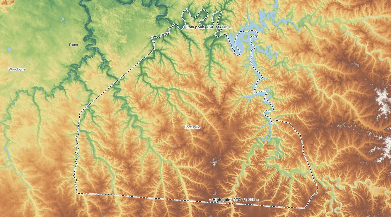 Topographic elevation map of Allen County, Kentucky, shaded from 450 ft on the north side to 970 ft on the south side